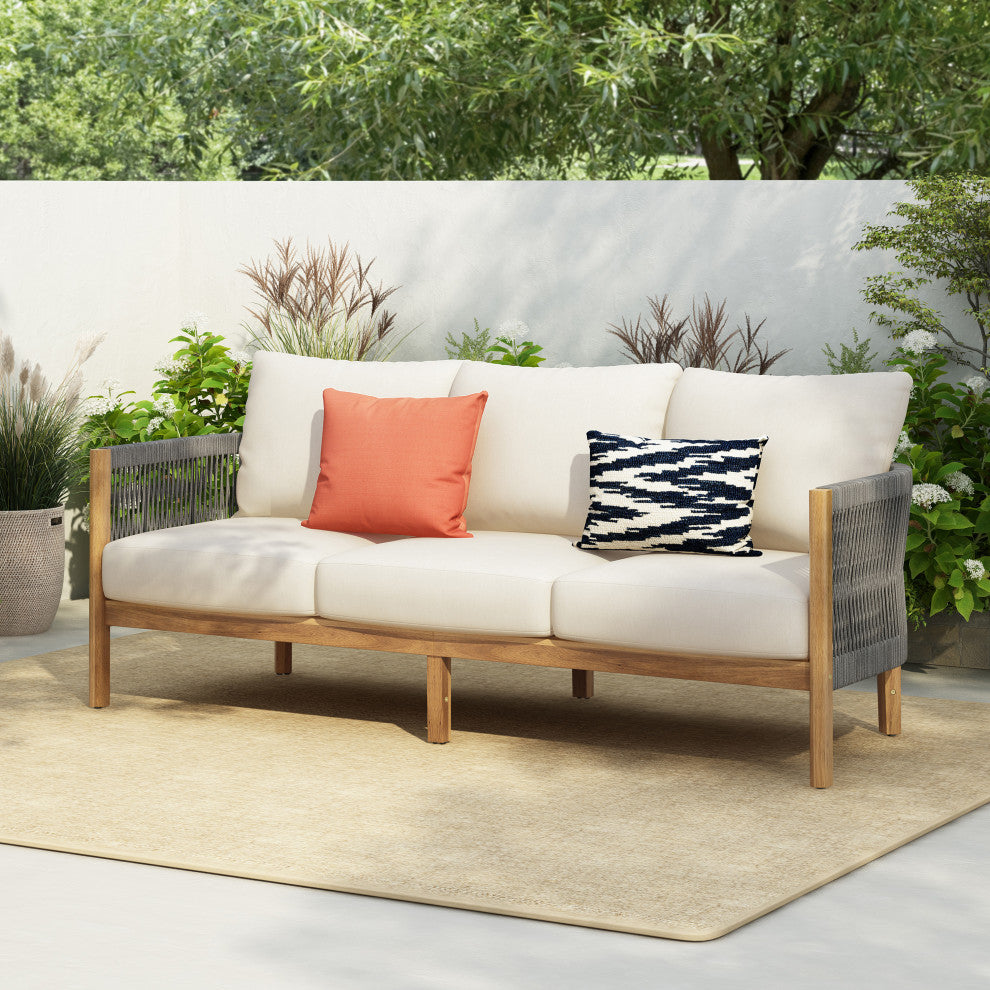 GDF Studio Outdoor 3-Seater Patio Acacia Wood Sofa, Teak/Gray/Beige