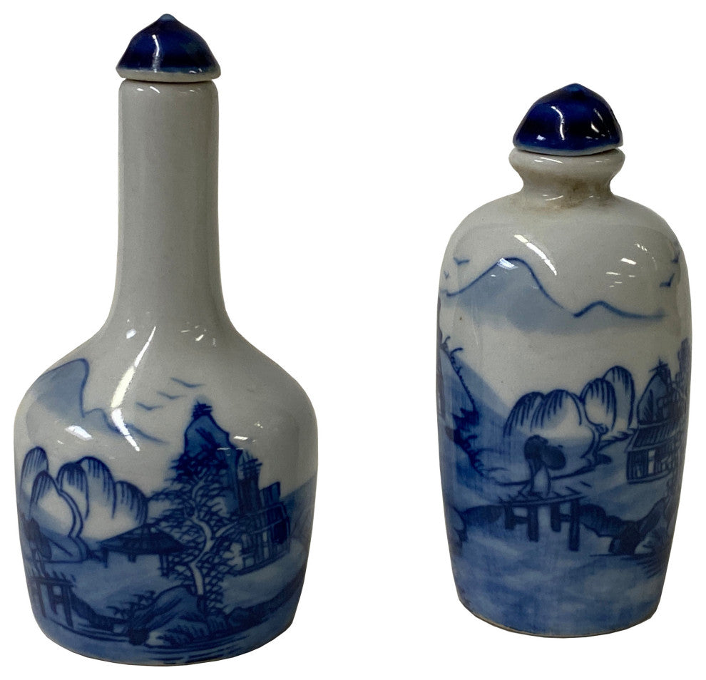 2 Piece Chinese Porcelain Snuff Bottle Blue White Scenery Graphic Hws2467
