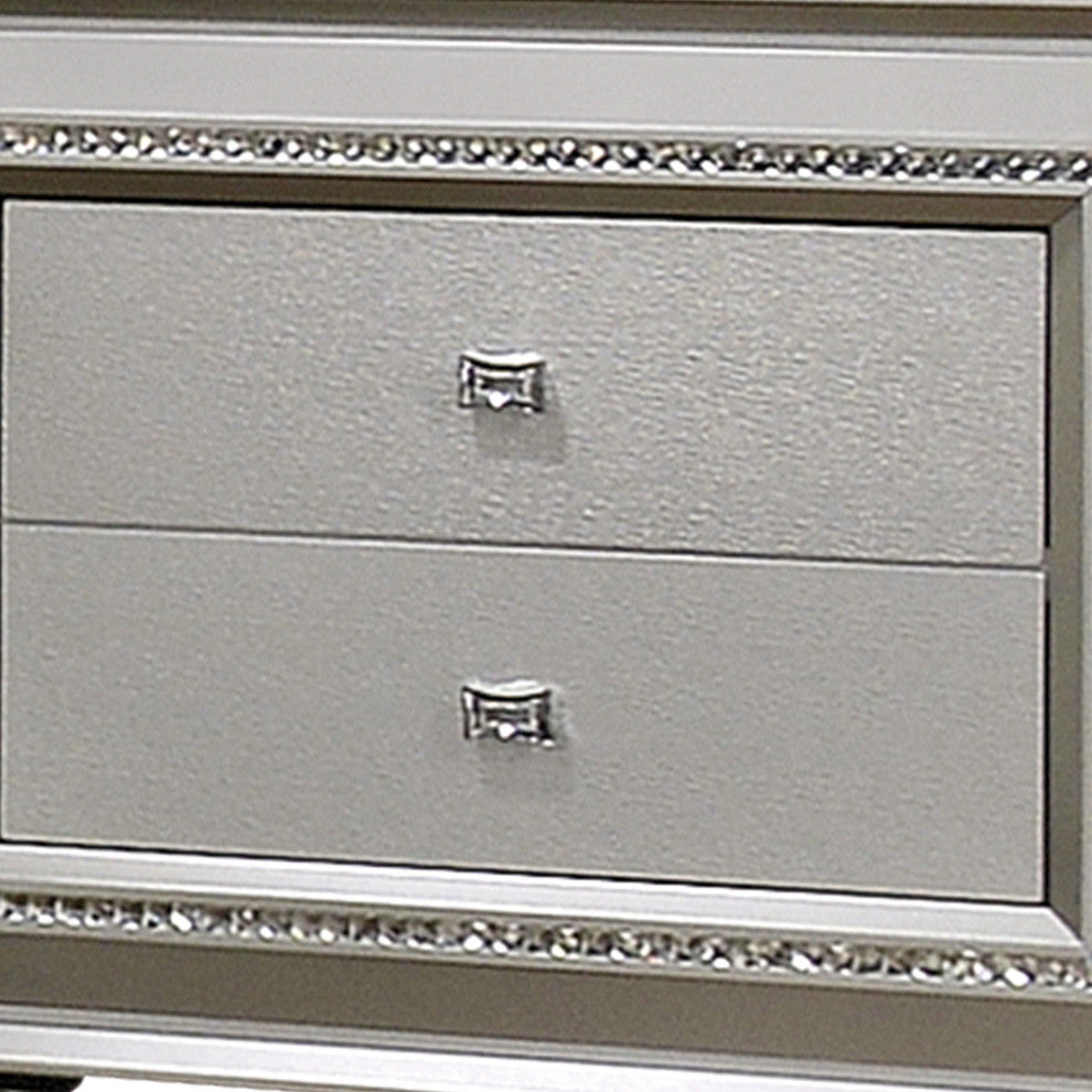 2 Drawer Spacious Nightstand with Mirror Beveled Pulls, Silver