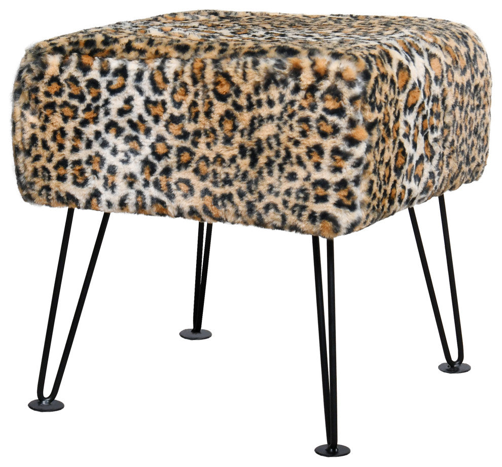 Leopard Faux Fur Ottoman, 17''x17''x17''