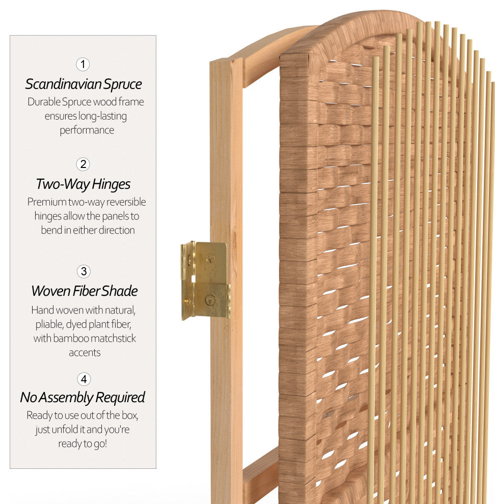 6'' Tall Diamond Weave Fiber Room Divider, Natural, 4 Panel