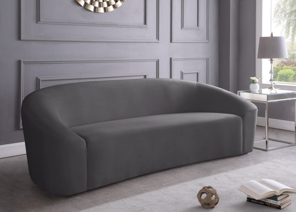 Riley Velvet Upholstered Rounded Sofa, Gray