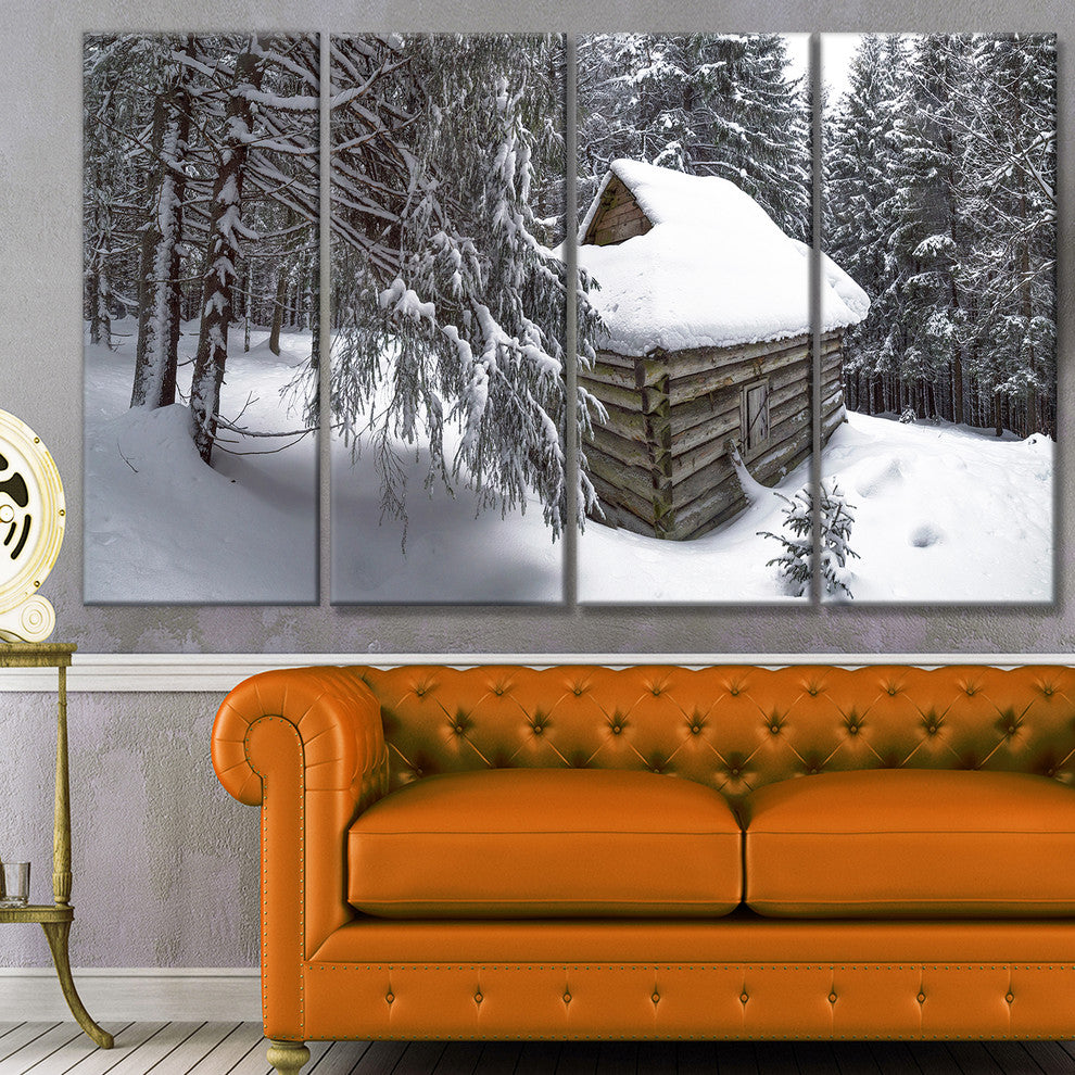 House in Magic Winter Forest, Landscape Canvas Art Print, 48"x28", 4 Panels