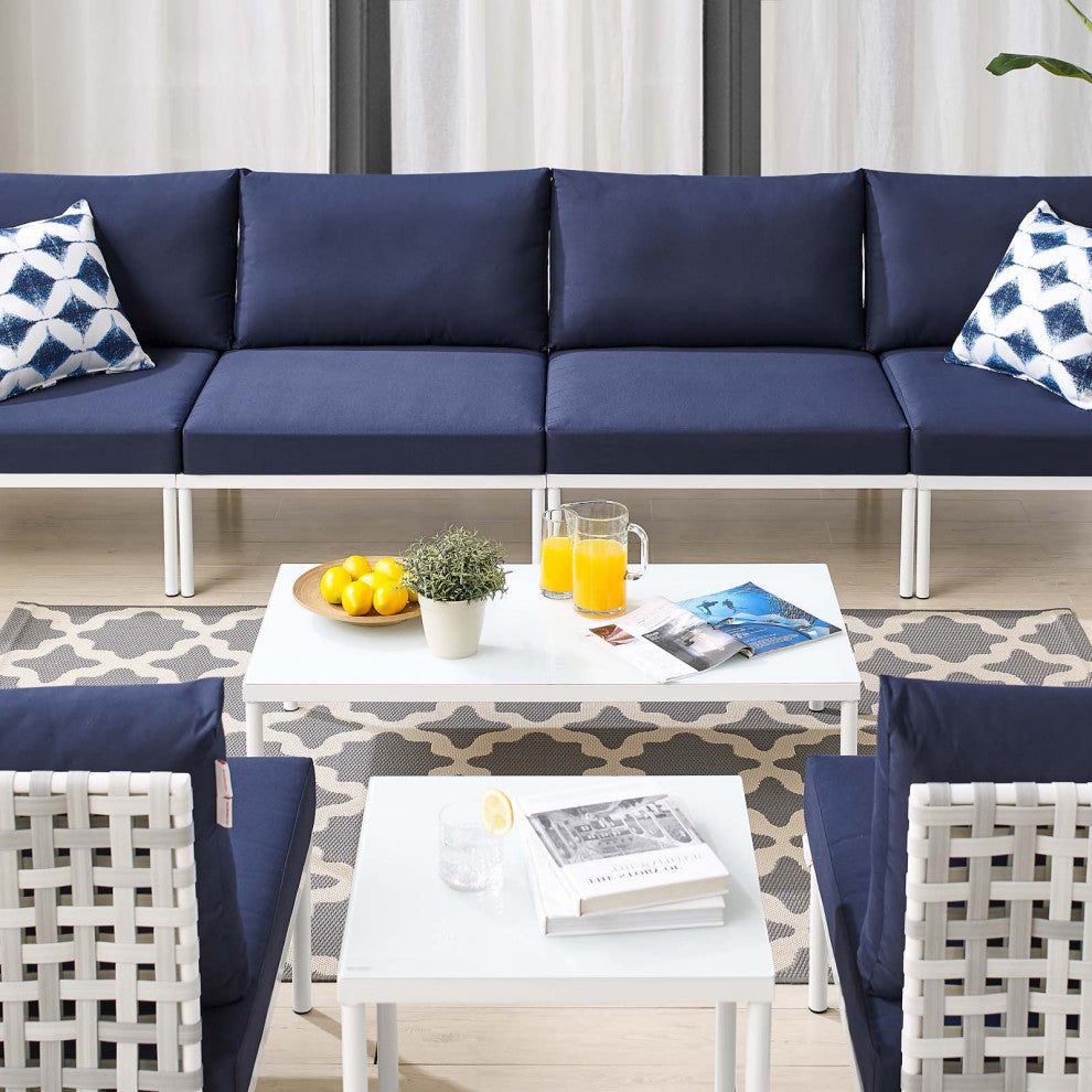 Lounge Sectional Sofa Chair Table Set, Sunbrella, Aluminum, Blue Navy, Outdoor