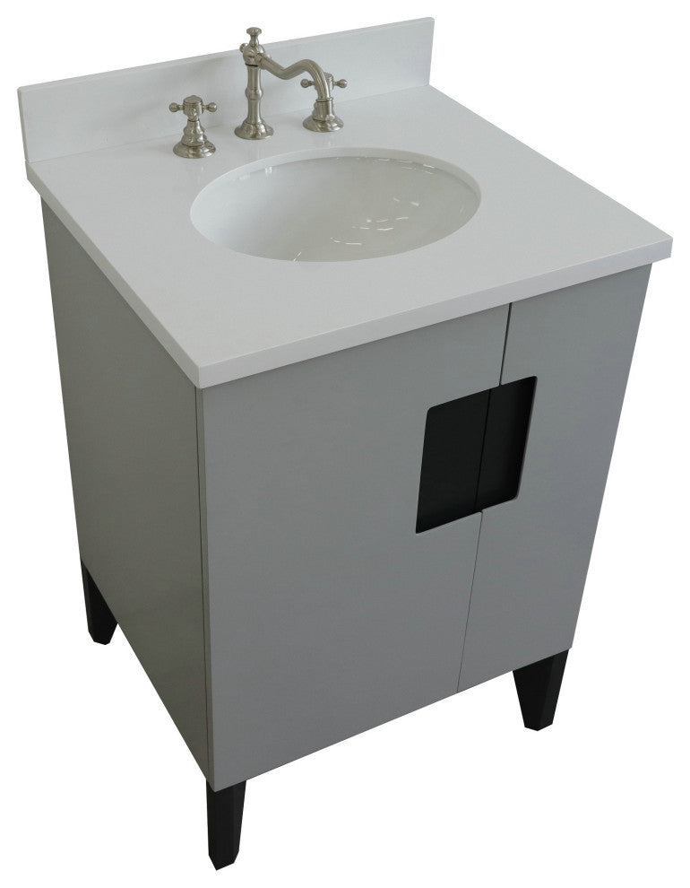 25" Single Sink Vanity, Light Gray Finish With Engineered Stone Top, Oval Sink