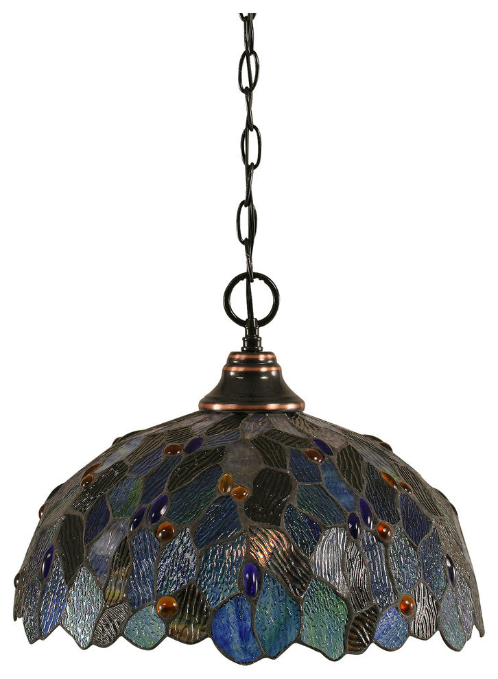 Chain Hung Pendant, Black Copper, 16" Blue Mosaic Tiffany Glass
