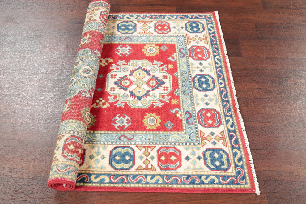 Kazak Oriental Traditional Pakistani Hand Made Area Rug, Red, 5'1"x3'3