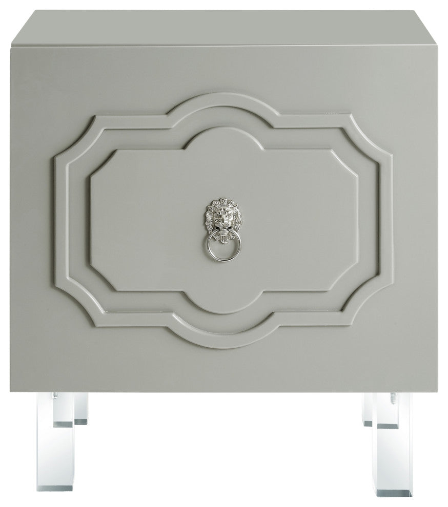 Molly Lacquer-Finish Chrome Ornament Handle Lucite Leg Side Table, Light Gray