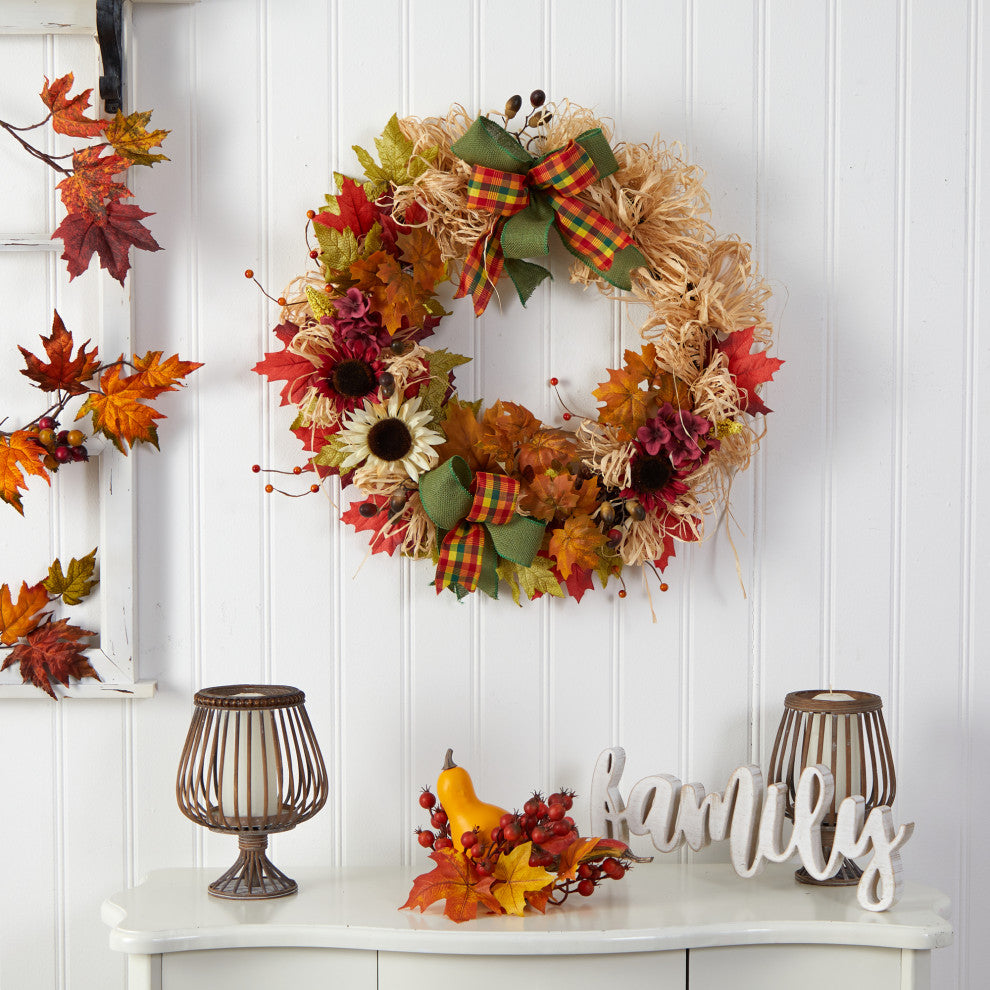 30" Harvest Autumn Sunflower, Maple Leaves and Berries Fall Wreath With Bows