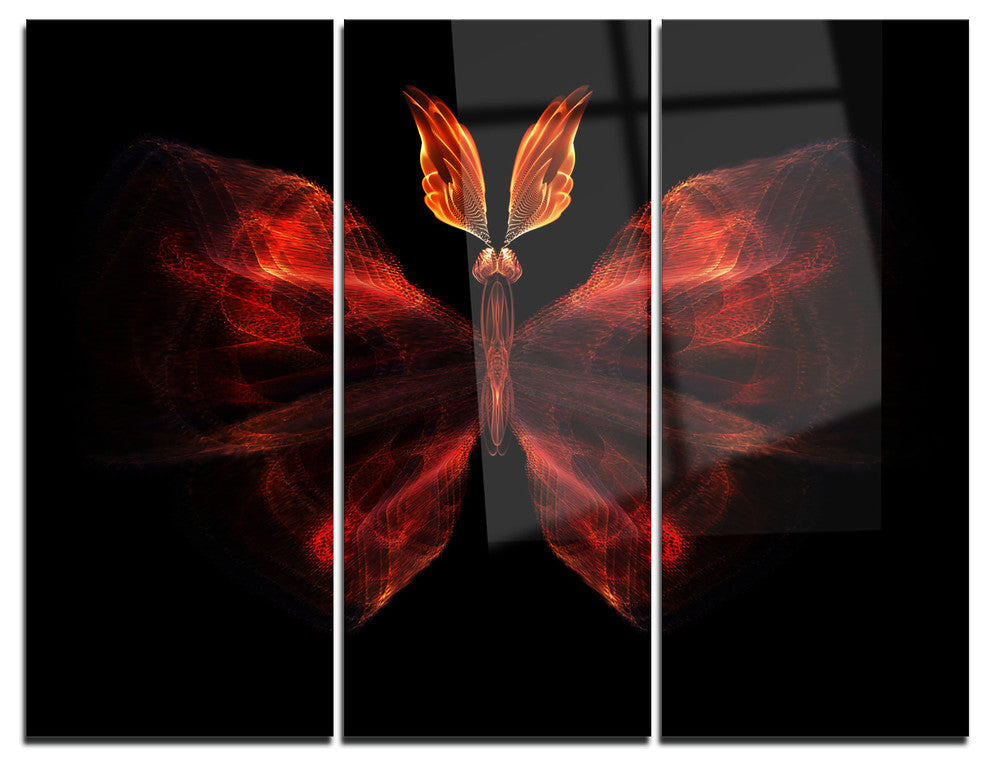 "Red Fractal Butterfly in Dark" Metal Wall Art, 3 Panels, 36"x28"