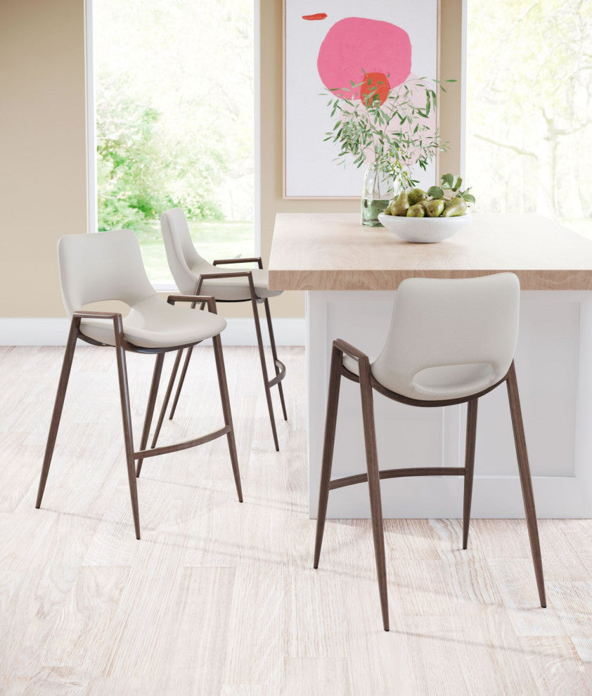 Counter Stool Chair, Set of 2, Faux Vinyl Leather, Steel, Beige, Walnut