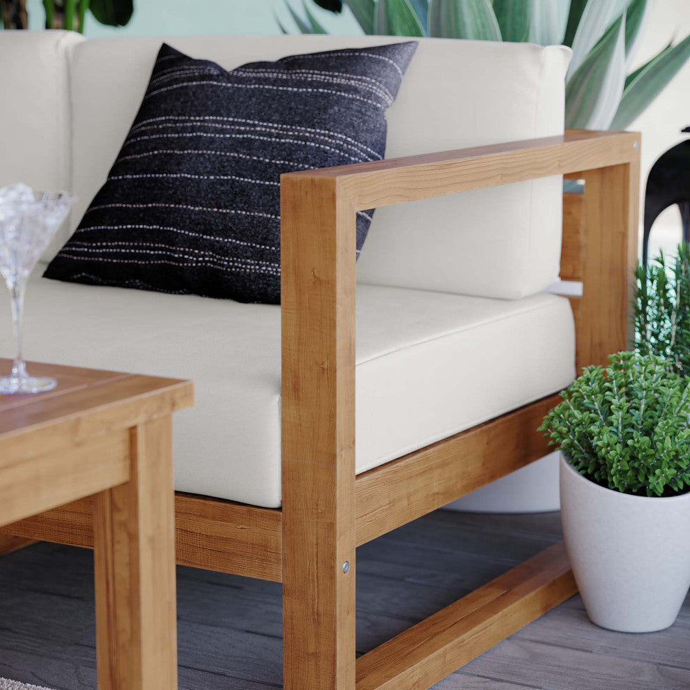 Sectional Sofa Chair Table Set, White Natural, Teak Wood, Modern, Outdoor Patio