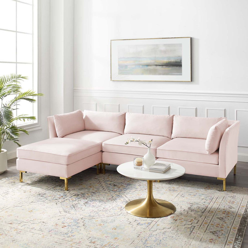 Sectional Sofa Set, Velvet, Pink, Modern, Living Lounge Hotel Lobby Hospitality