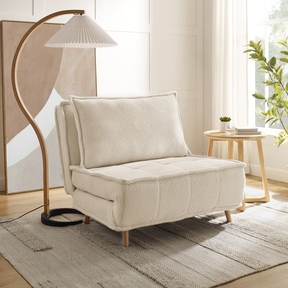 Modern Fabric Upholstered Convertible Sofa Bed Folding Sleeper Chair, Off White