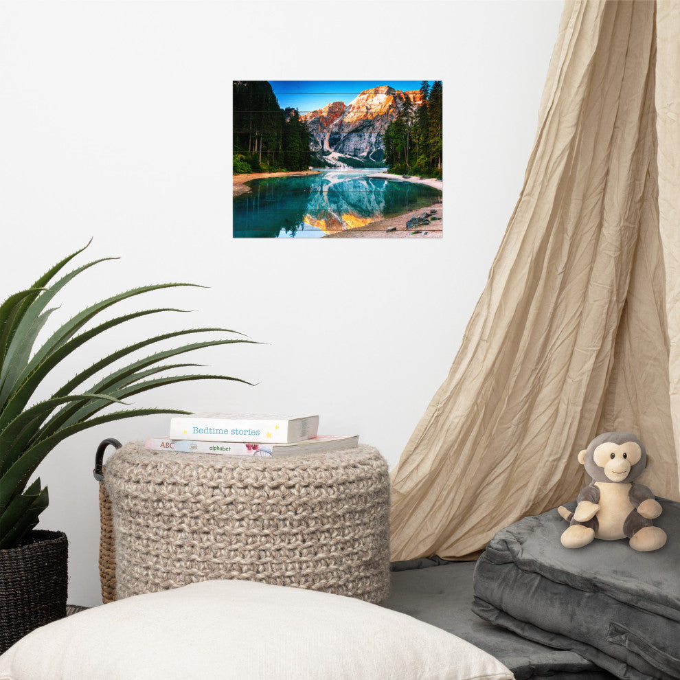 Faux Wood Misty Lake and Snow-cap Mountain Reflections Unframed Wall Art Prints, 12" X 16"