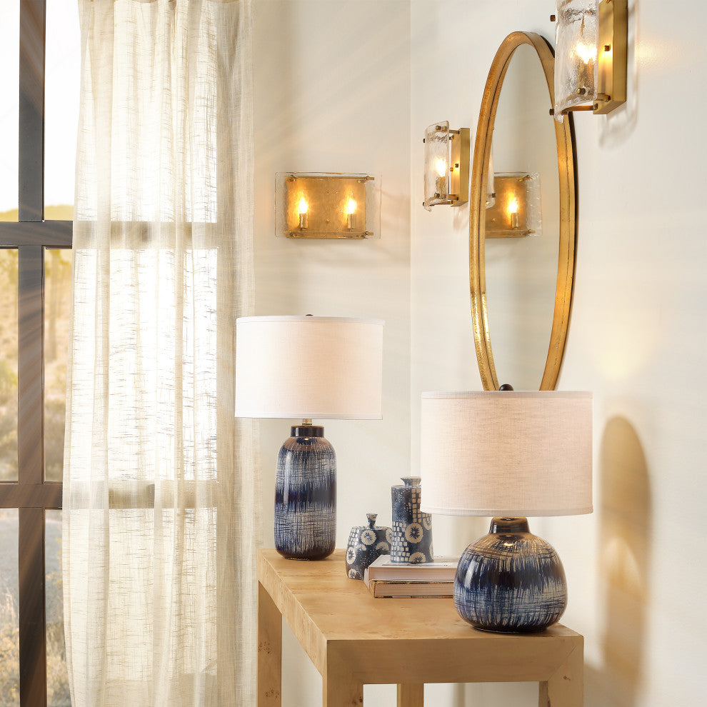 Small Batik Table Lamp, Indigo Ceramic, Drum Shade, White