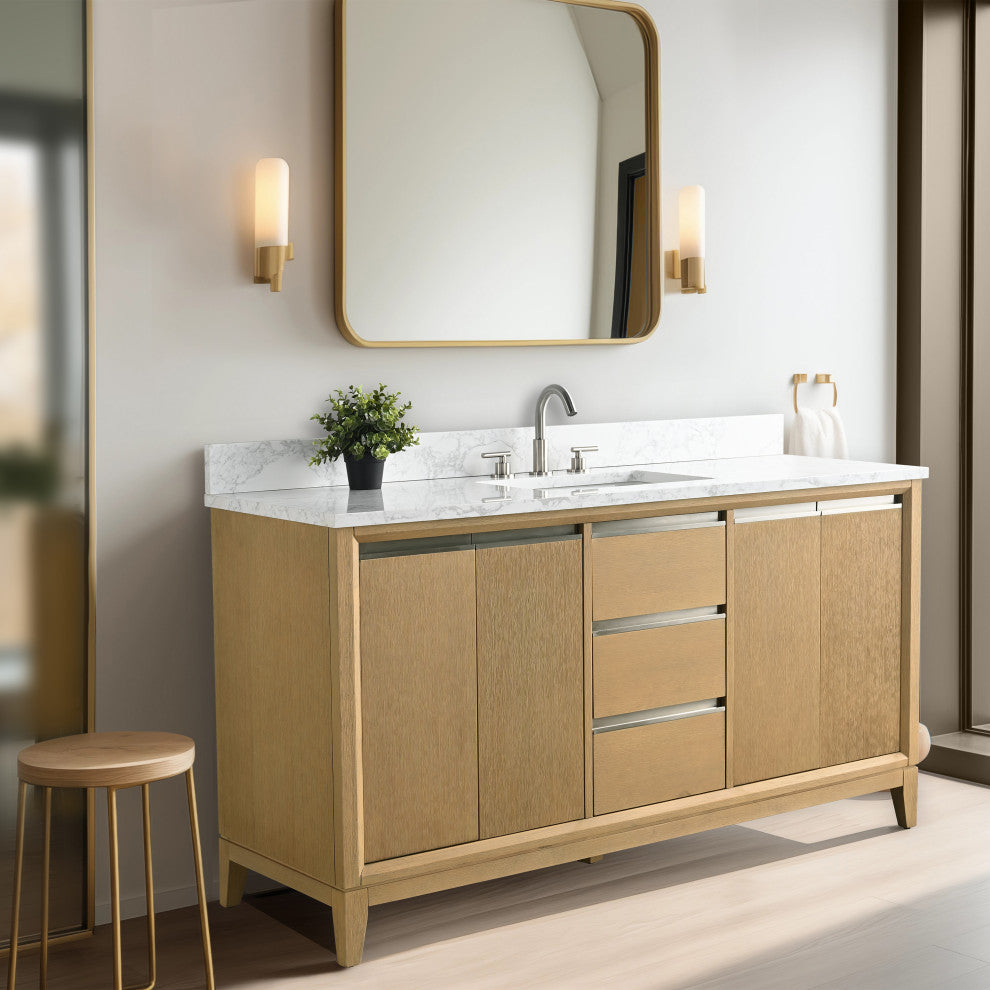 Vanity Art Bathroom Vanity With Sink, Natural Oak, 60" Single
