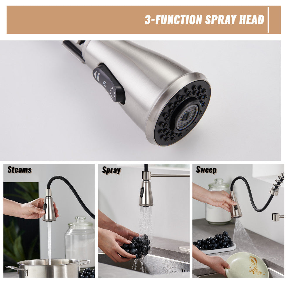 Single Handle Kitchen Faucet Pull-Down Sprayer, 360 Swivel, Three Functions, Brushed Nickel