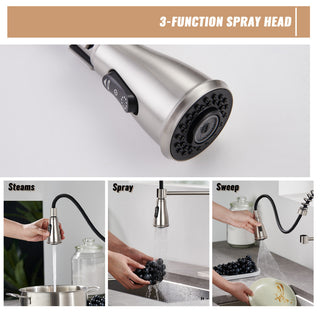 Single Handle Kitchen Faucet Pull-Down Sprayer, 360 Swivel, Three Functions, Brushed Nickel
