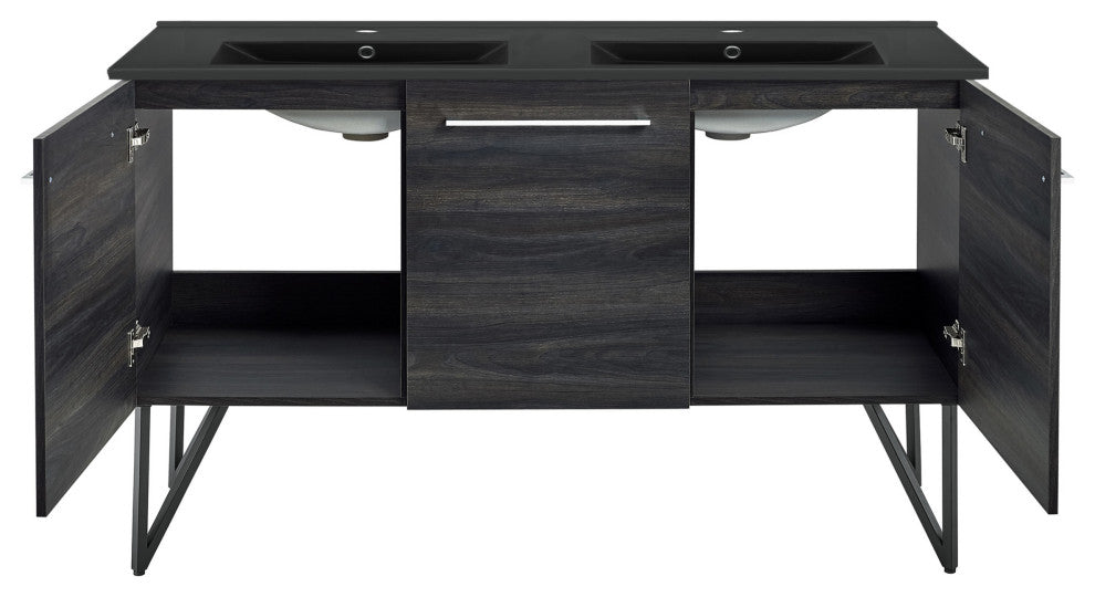Annecy 60" Black Walnut, Double Basin Bathroom Vanity With Black Sink Top