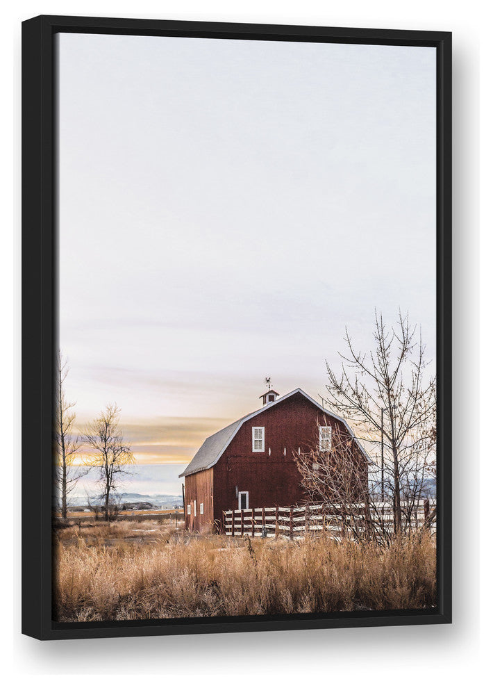 Rustic Barn Sunrise 20x30 Black Floating Framed Canvas