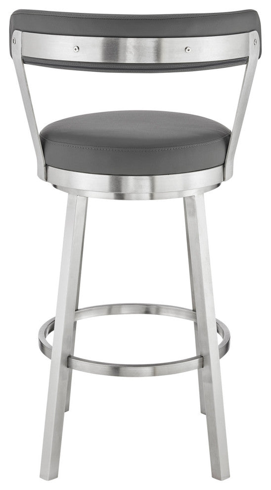 26" Chic Gray Faux Leather With Stainless Steel Finish Swivel Bar Stool