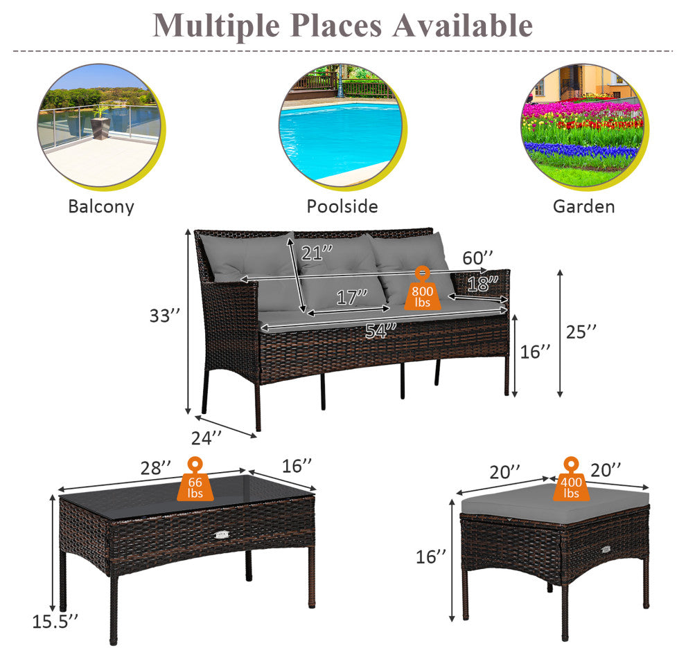 Costway 3PCS Patio Rattan Furniture Set 3-Seat Sofa Cushioned Table Garden Gray
