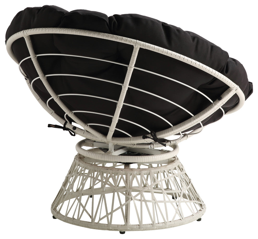 Papasan Chair With Blue Round Pillow Cushion and Cream Wicker Weave