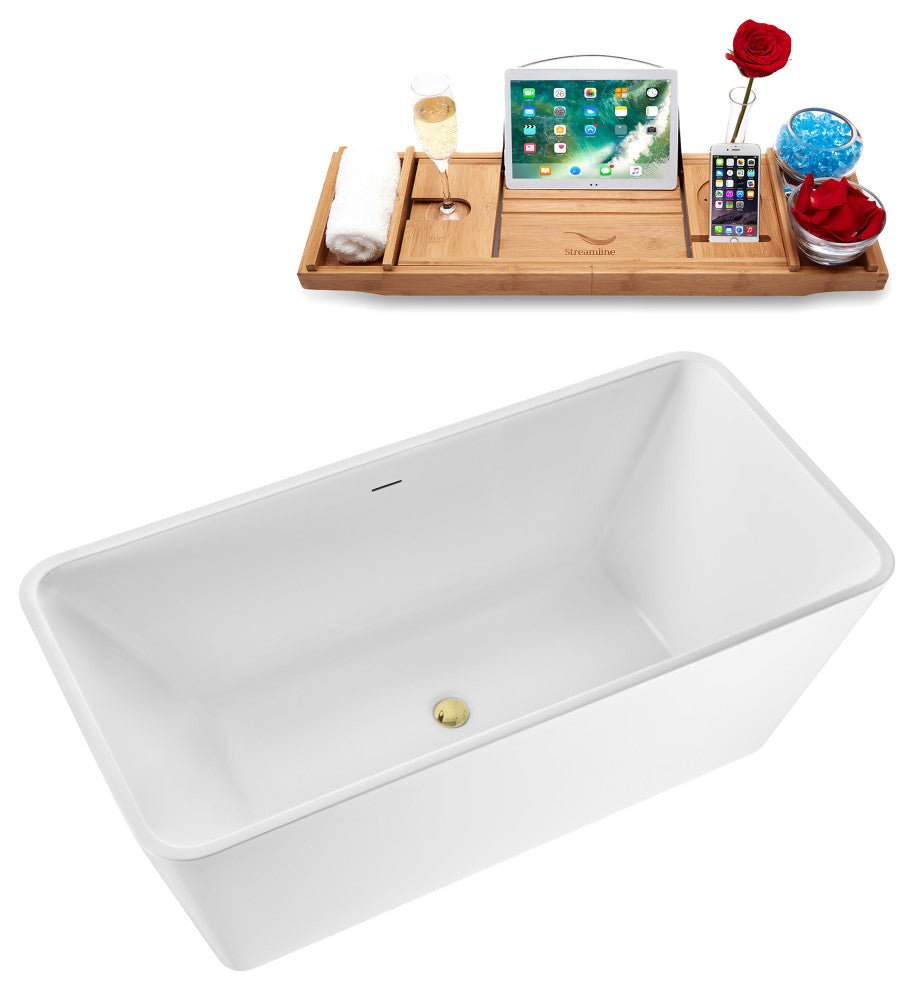63" Streamline G-28-157-PBR Freestanding Bathtub, Tray, Drain, Polished Brass