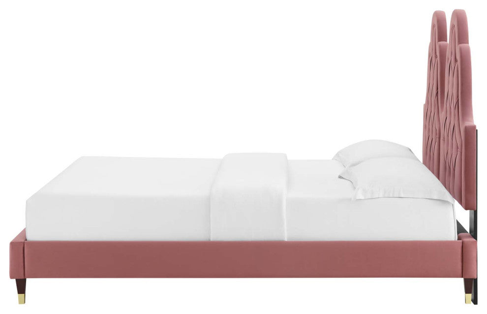 Tufted Platform Bed Frame, Twin Size, Velvet, Pink, Modern Contemporary, Bedroom