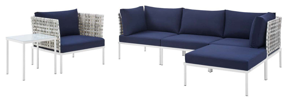 Lounge Sectional Sofa Chair Table Set, Sunbrella, Aluminum, Blue Navy, Outdoor