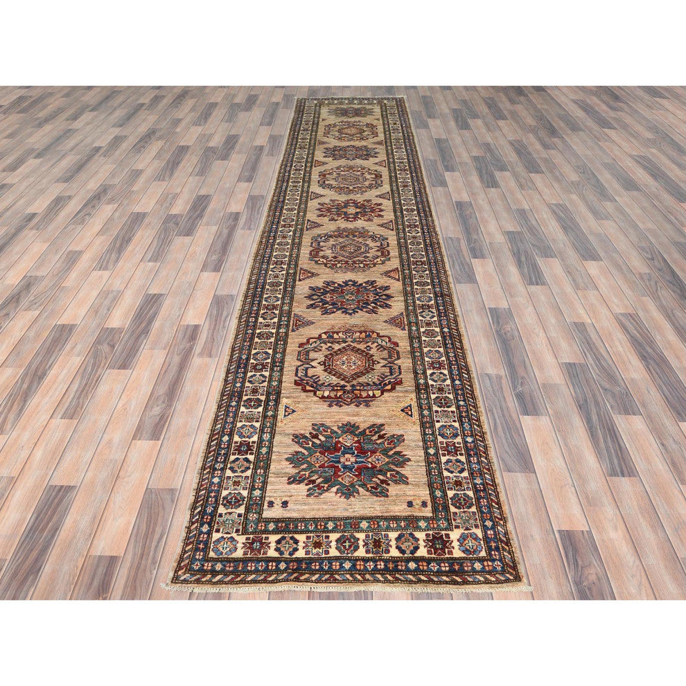Tortilla Brown Hand Knotted Afghan Super Kazak Soft Wool Runner Rug 3'x13'6"