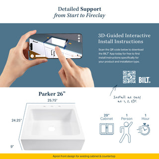 Parker White Fireclay 26" Single Bowl Quick-Fit Drop-In Kitchen Sink, 3 Holes