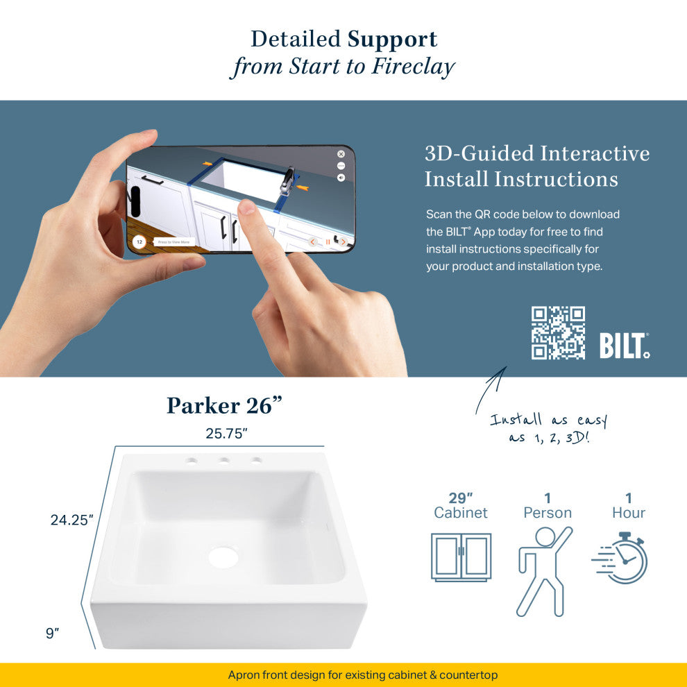 Parker White Fireclay 26" Single Bowl Quick-Fit Drop-In Kitchen Sink, 3 Holes