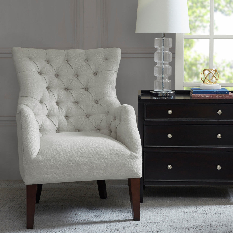 Hannah Armed Button Tufted Wing Chair, Ivory