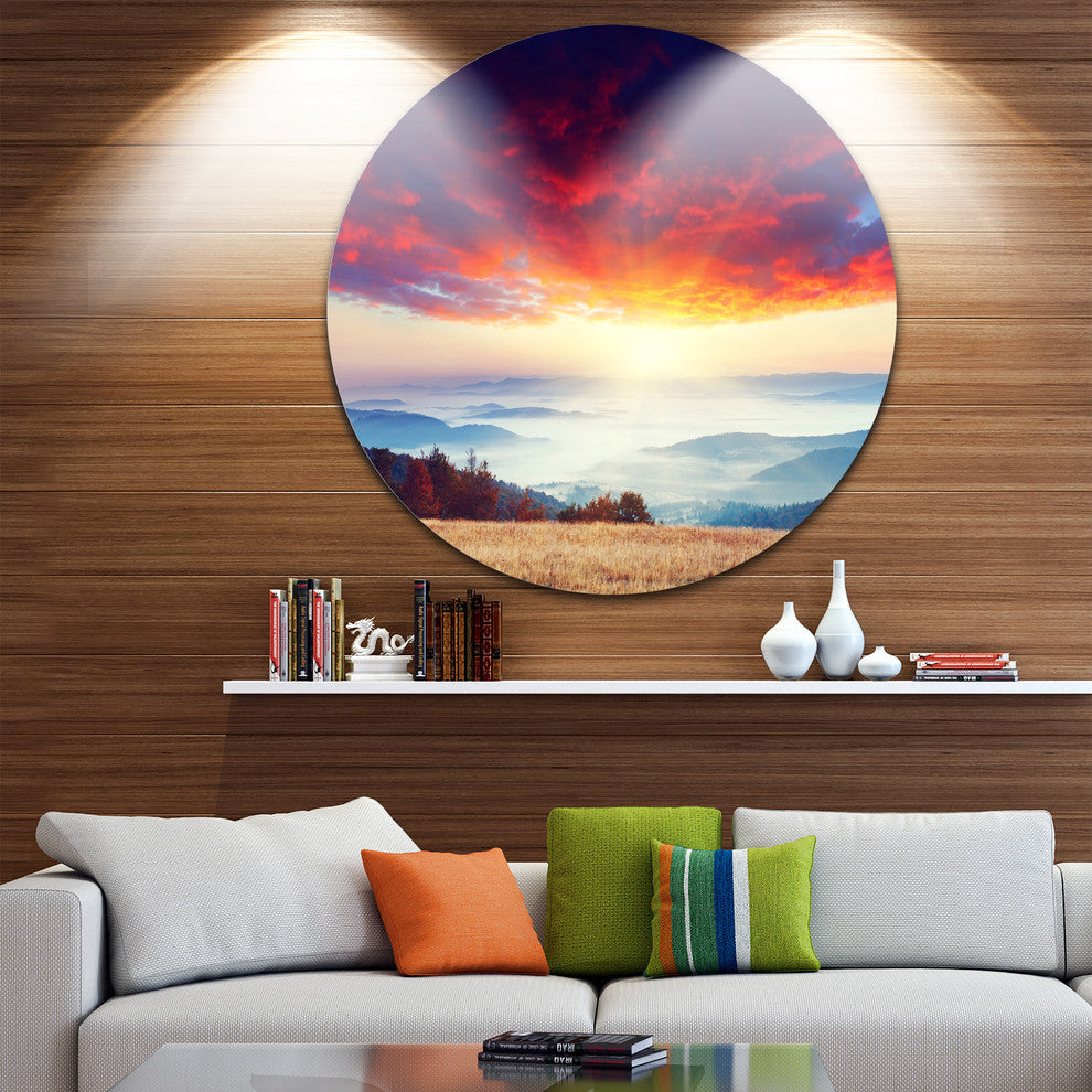 Colorful Clouds And Foggy Hills, Landscape Photo Round Wall Art, 11"