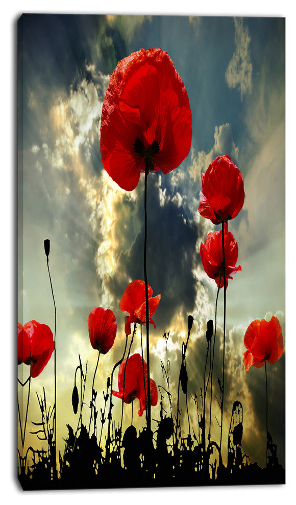 Poppies on Thunderstorm Background, Floral Canvas Art Print, 16"x32"