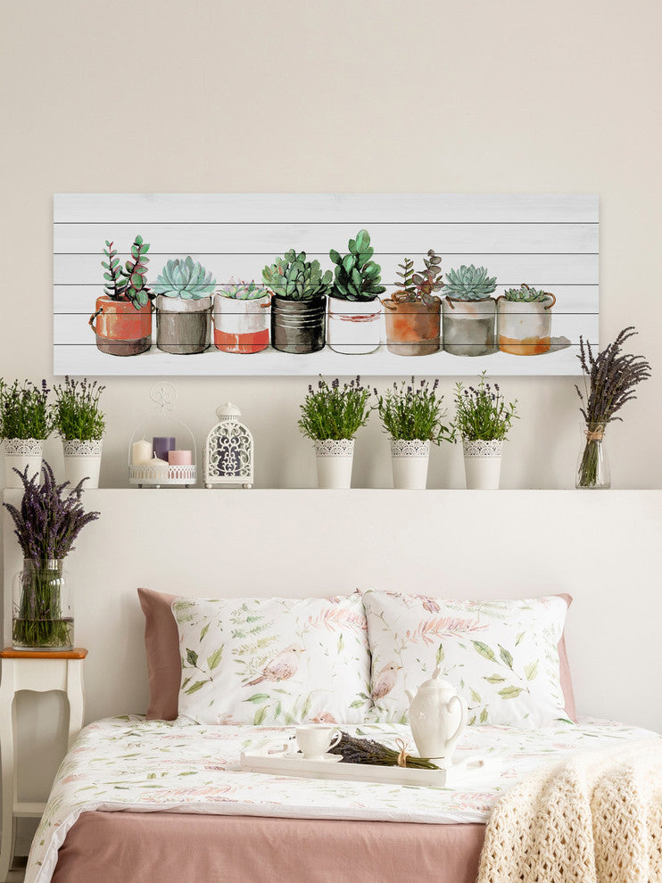 "Cactus in Cans" Painting Print on White Wood, 60"x20"