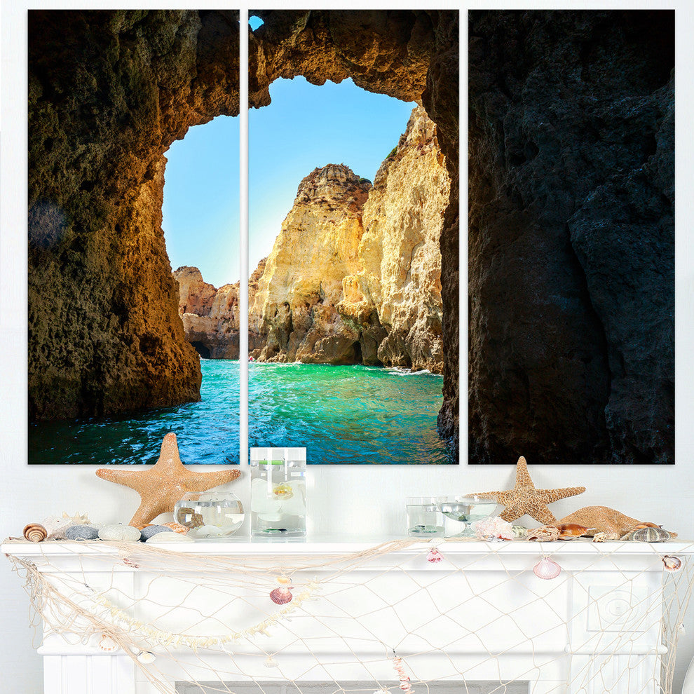 "Sea Through Rocky Cave Portugal" Metal Wall Art, 3 Panels, 36"x28"