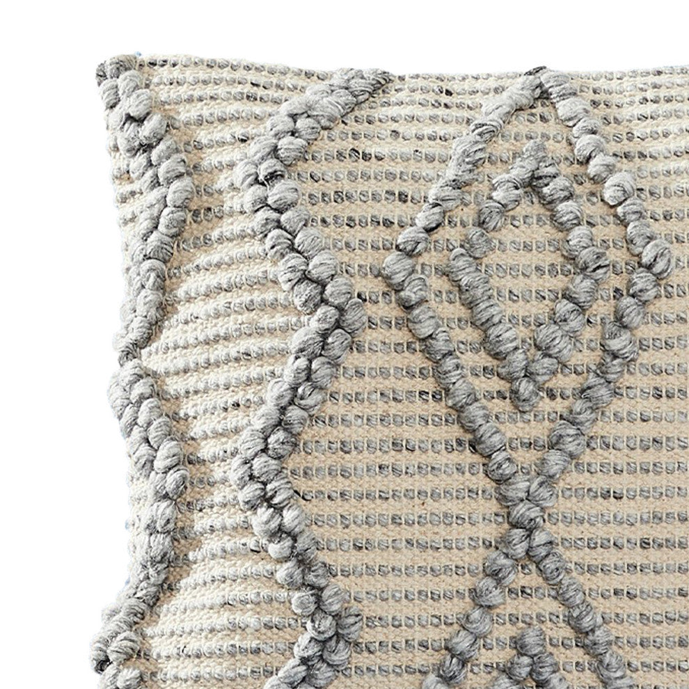 18 Inch Decorative Throw Pillow Cover, Blue Beaded Diamond Design, Beige