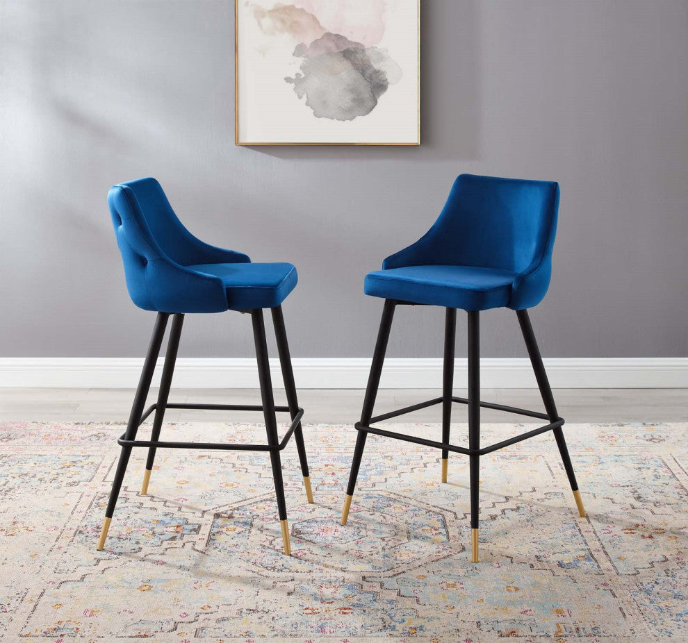 Bar Stool Chair Barstool, Set of 2, Velvet, Blue Navy, Modern, Bar Pub Bistro