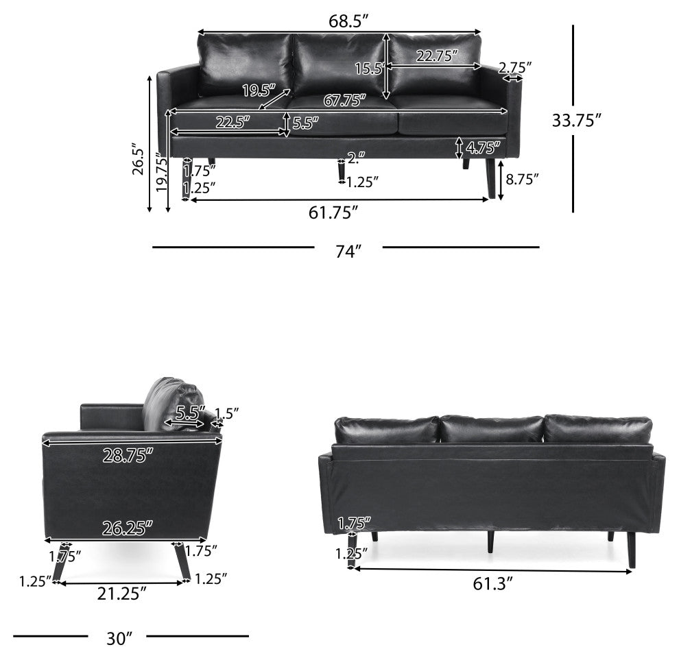 Dowd Mid Century Modern Faux Leather 3 Seater Sofa, Midnight Black/Dark Brown