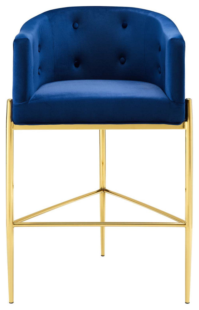 Tufted Bar Stool Chair Barstool, Set of 2, Velvet, Blue Navy, Pub Cafe Bistro