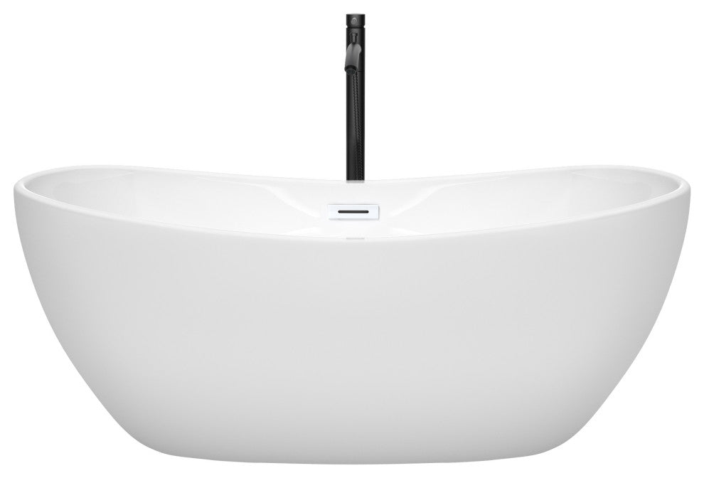 Rebecca 60 to 70" Freestanding Bathtub with options, Shiny White Trim, 60 Inch, Floor Mounted Faucet in Matte Black