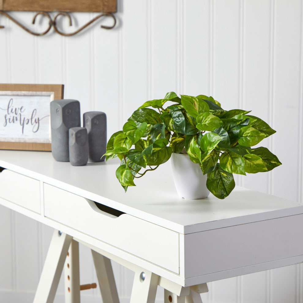 9" Pothos Artificial Plant, White Planter, Real Touch