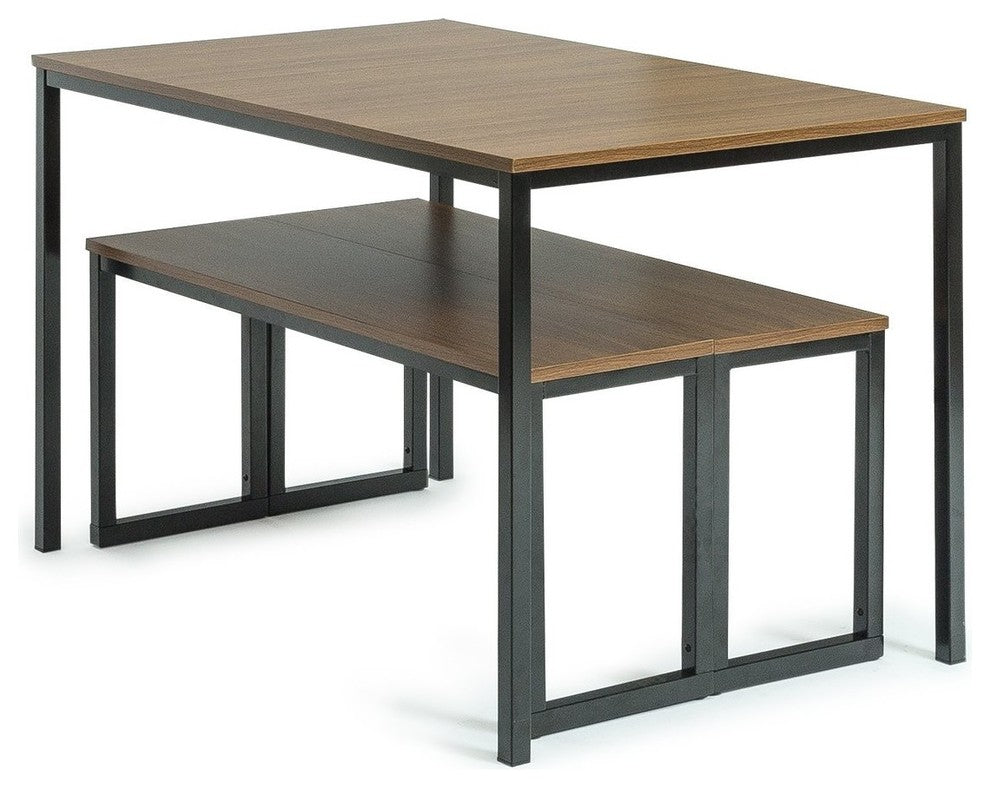 Modern Dining Table With Benches, 3-Piece Set, Brown