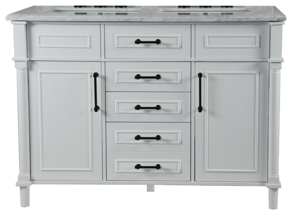 48" Double Vanity, White With White Carrara Marble Top