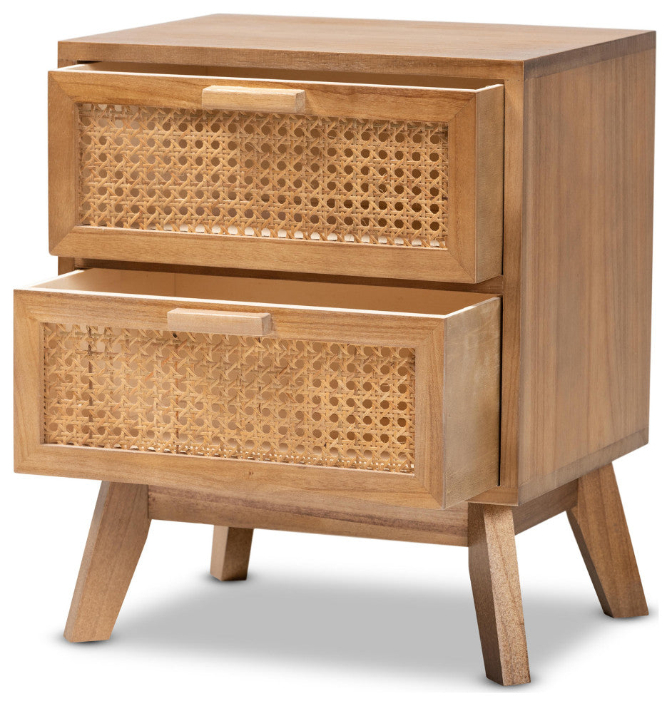 Kathrin Mid-Century Walnut Brown Nightstand With Rattan, 2-Drawer