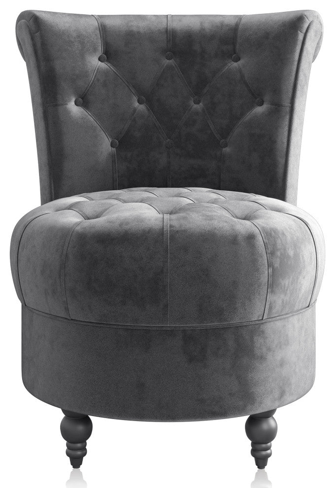 Button-Tufted Accent Chair w/ Thick Padding, Velvet Low Back Chair, Grey