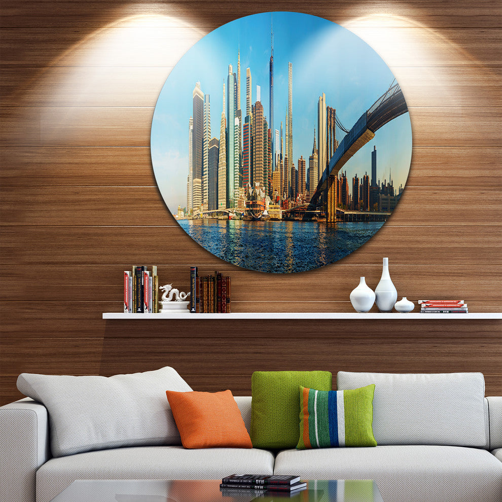 New York City With Brooklyn Bridge, Cityscape Disc Metal Wall Art, 23"